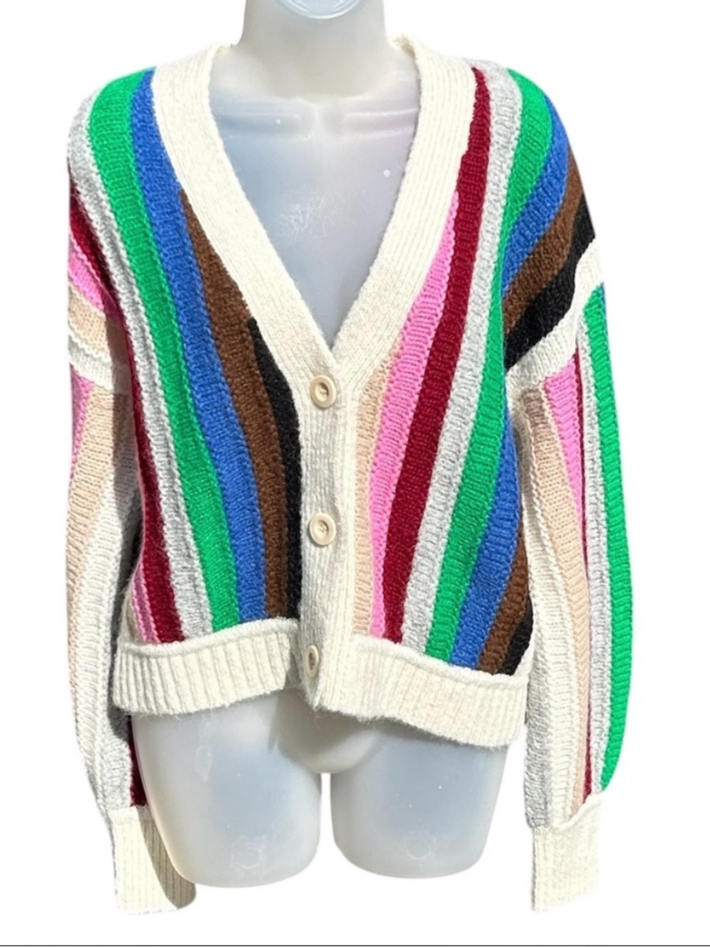 ELEVEN SIX Women M L Anya Multicolored Striped Alpaca Merino Wool Cardi Cardigan